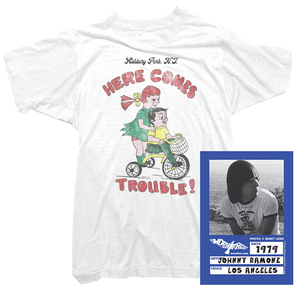 Ramones T-Shirt. Here come trouble T-shirt worn Johnny Ramone. -