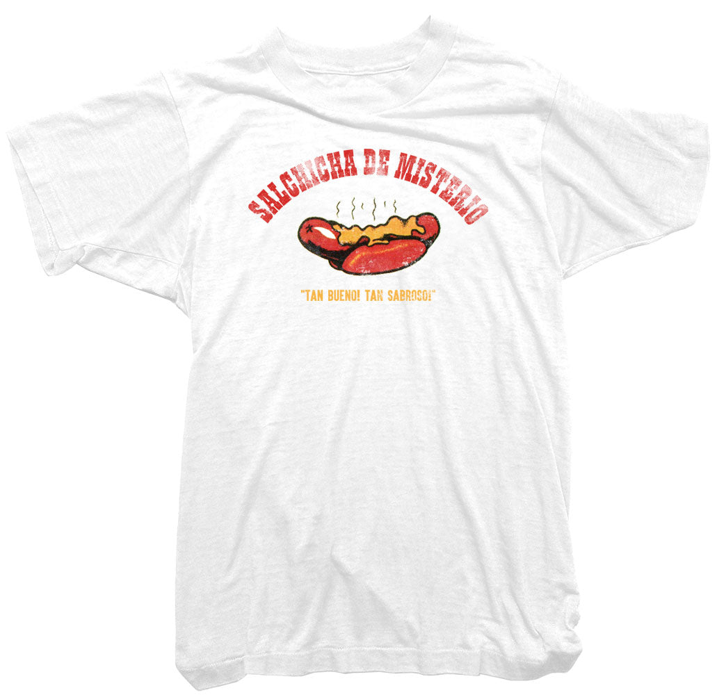 Worn Free Hot Dog T-Shirt. Spanish Hot Dog Tee. Mystery Sausage T-Shirt. X-Large / White / Mens
